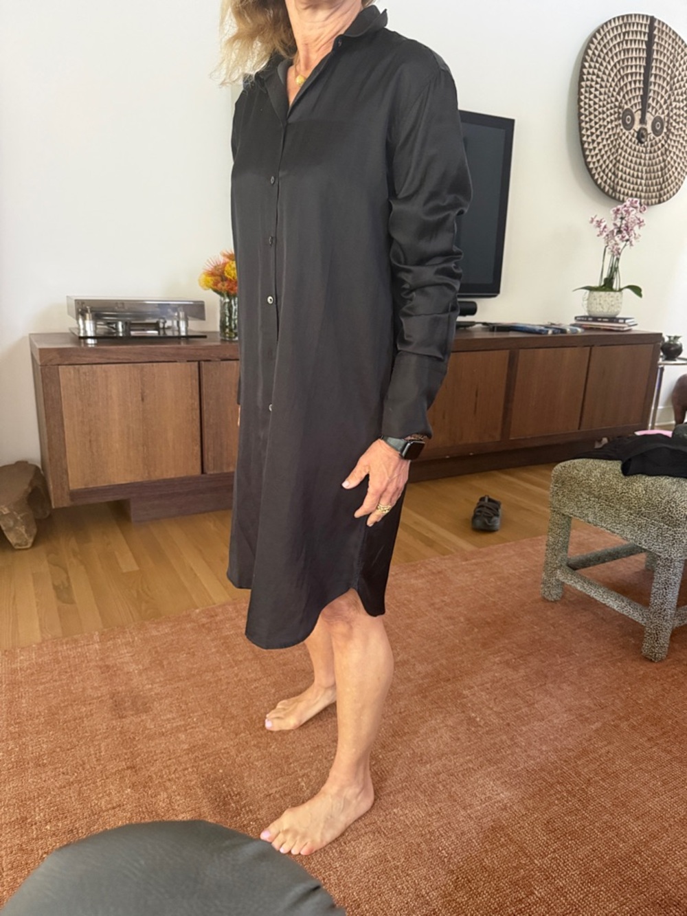 Classic Black Button-Front Shirt Dress silk/ cotton